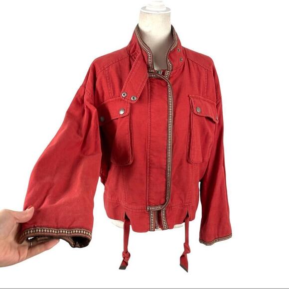 Free People Flight Line Oversized Military Red Bomber Jacket Size XS Embroidered - Picture 5 of 16